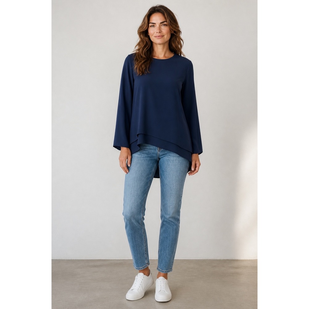 Lafayette 148 New York Navy Blue 100% Silk Layered Blouse Top XL Long Sleeve